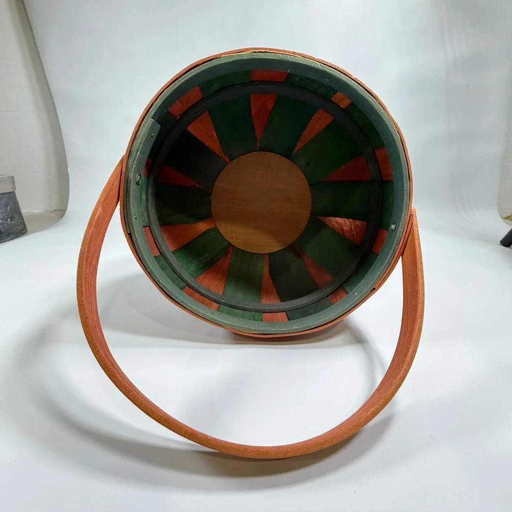 VTG Basket w/Handle Green & Wood‎ Metal Trim 8